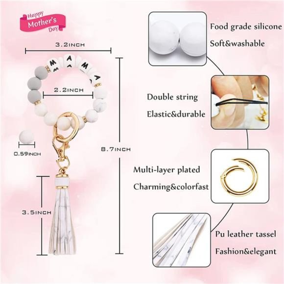 Silicone Beaded Bracelet Keychain Wristlet Key Ring Bangle Chains for Women - Picture 2 of 7